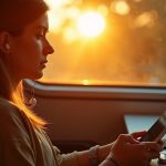 Traveler in a sunlit train carriage using a tablet, with earbuds and a portable charger, highlighting essential travel tech in a relaxed setting