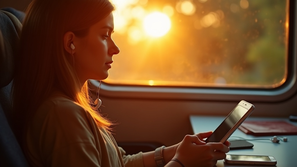 Traveler in a sunlit train carriage using a tablet, with earbuds and a portable charger, highlighting essential travel tech in a relaxed setting