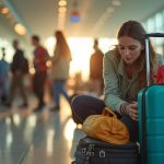 Traveler deciding which items to fit into a carry-on bag in a busy airport, surrounded by personal belongings and thoughtful about packing choices