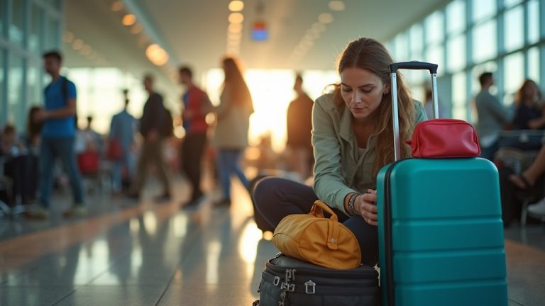 Traveler deciding which items to fit into a carry-on bag in a busy airport, surrounded by personal belongings and thoughtful about packing choices