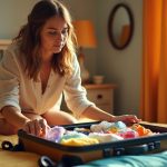 Traveler carefully packing a suitcase with both allergy-related gear and typical travel essentials on a sunlit bed in a cozy bedroom.