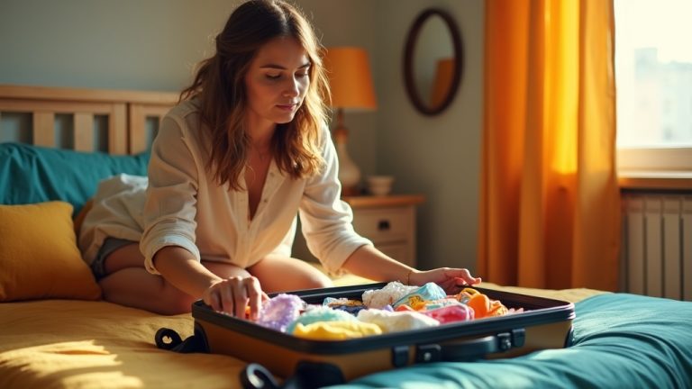 Traveler carefully packing a suitcase with both allergy-related gear and typical travel essentials on a sunlit bed in a cozy bedroom.