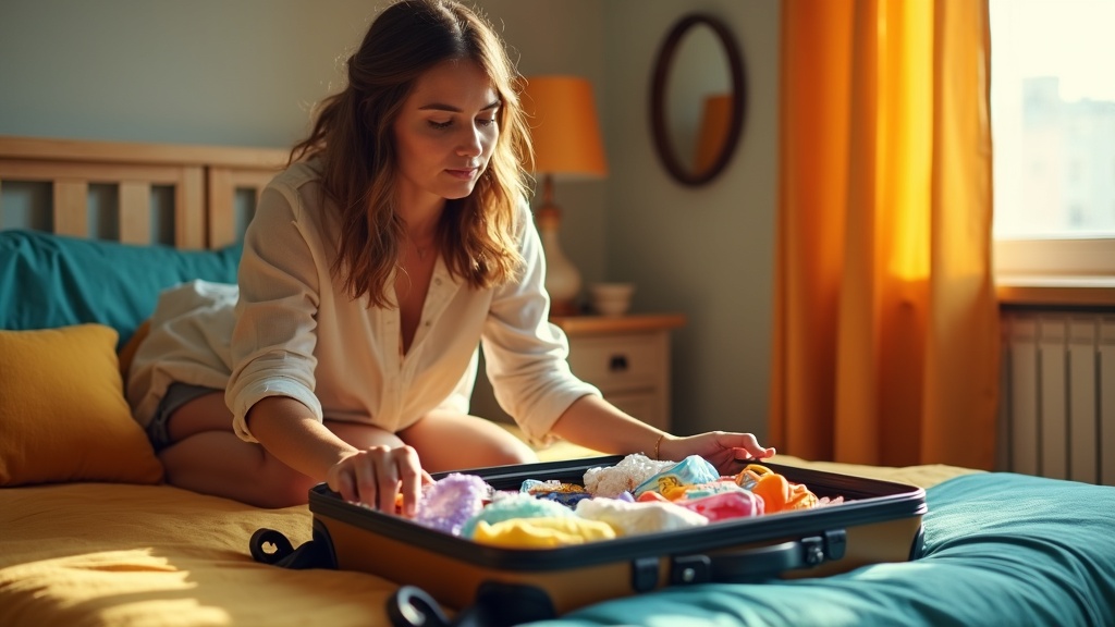 Traveler carefully packing a suitcase with both allergy-related gear and typical travel essentials on a sunlit bed in a cozy bedroom.