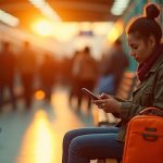 Traveler at a busy train station watches their orange bag on a bench, appearing alert to surrounding activity during golden hour.