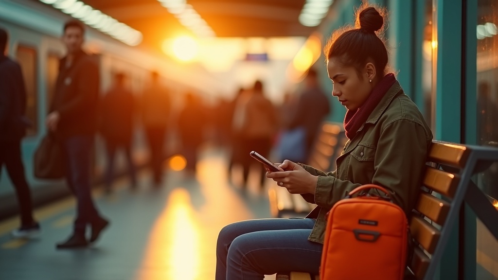 Traveler at a busy train station watches their orange bag on a bench, appearing alert to surrounding activity during golden hour.