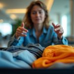 A traveler in an airport lounge sits before an open suitcase with colorful packing cubes and scattered clothes, looking thoughtful about space and organization.