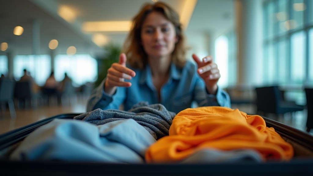 A traveler in an airport lounge sits before an open suitcase with colorful packing cubes and scattered clothes, looking thoughtful about space and organization.