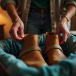 Traveler placing shoes into a suitcase cushioned with clothes in a warmly lit bedroom, focusing on careful packing to prevent shoe damage.