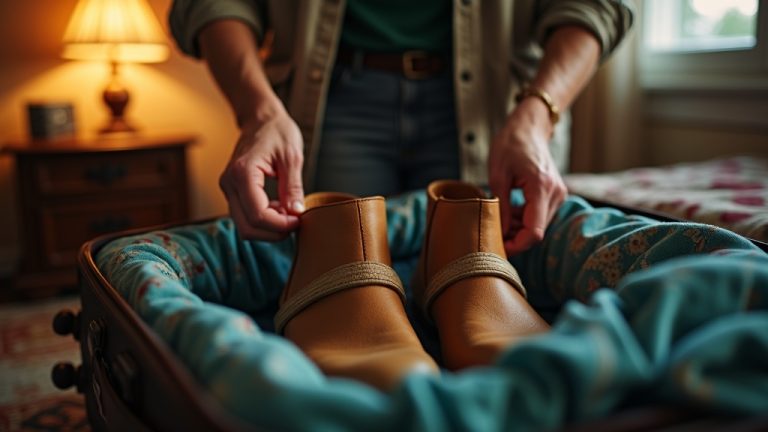 Traveler placing shoes into a suitcase cushioned with clothes in a warmly lit bedroom, focusing on careful packing to prevent shoe damage.